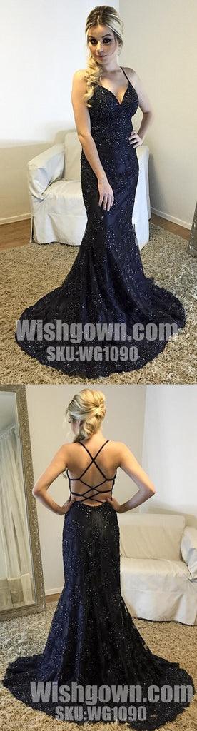 Black Lace Open Back Sexy Mermaid Cheap Long Prom Dresses, WG1090 - Wish Gown
