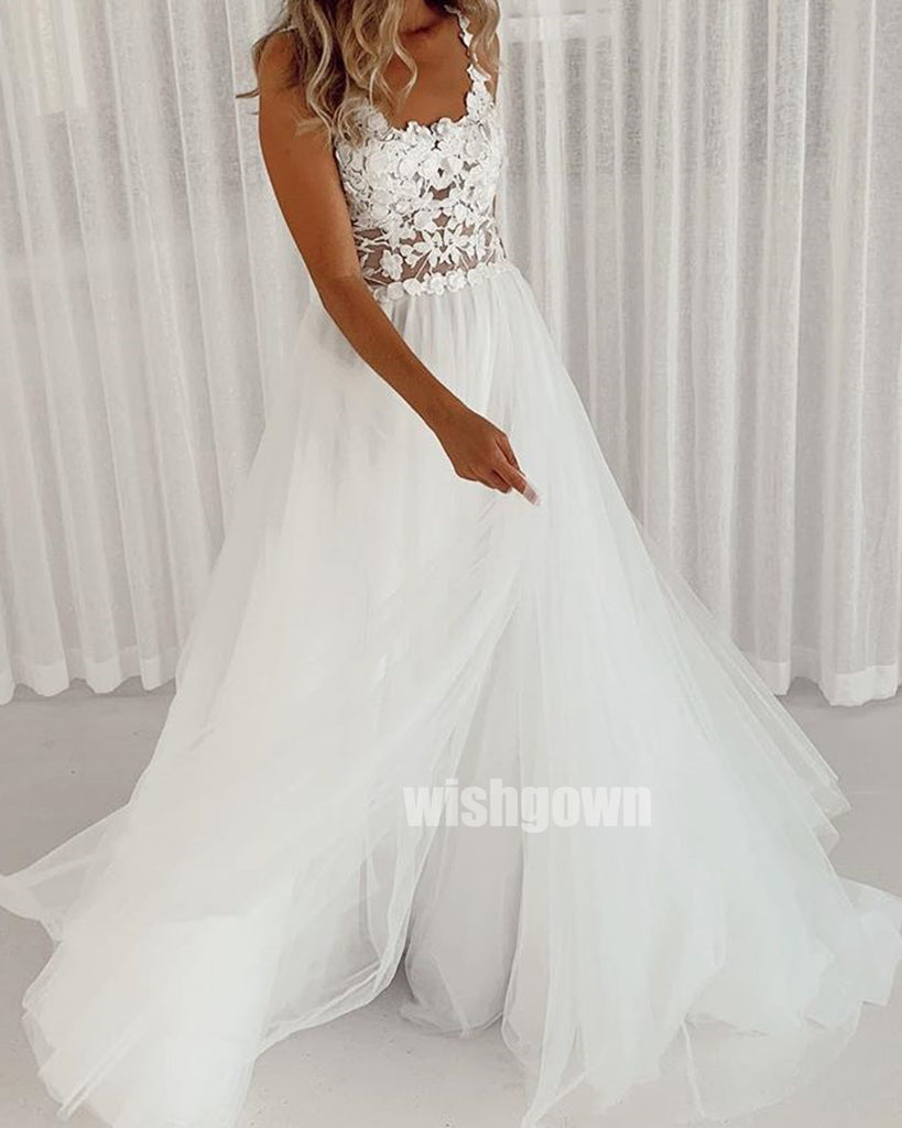 Cheap Squre Applique Tulle  Long Wedding Dresses WDH001