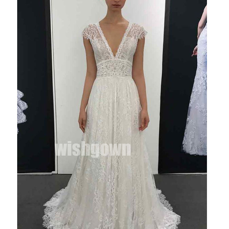 A-line Short Sleeve V-neck Lace Long Wedding Dresses WDH013
