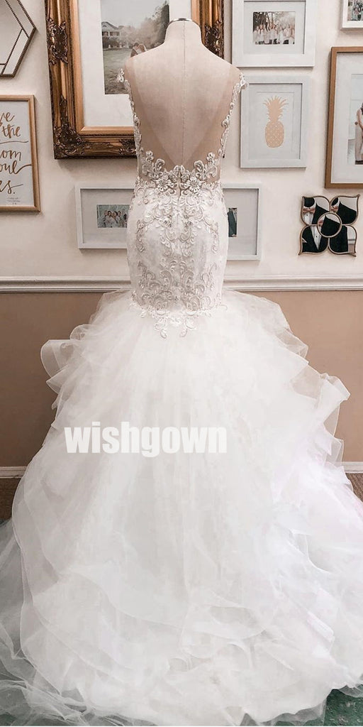 Elegant Cap Sleeve Mermaid Tulle Long Wedding Dresses WDH014