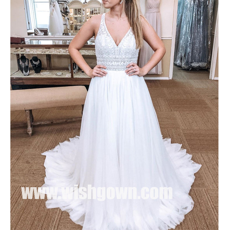 Elegant V-neck Spaghetti Strap Tulle Long Bridal Dresses WDH017