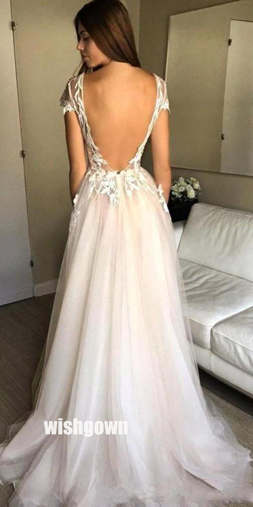 Simple Lace Top Split Side Long Wedding Dress WDH042