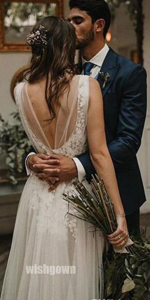 Deep V-neck Spaghetti Strap Tulle Long Wedding Dress WDH047