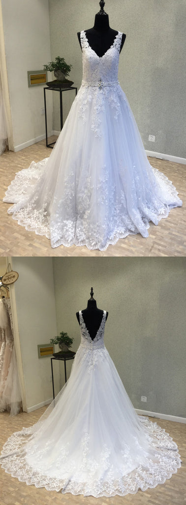 Tulle Lace V Neck Formal A Line Long Bridal Wedding Dress, WG1215