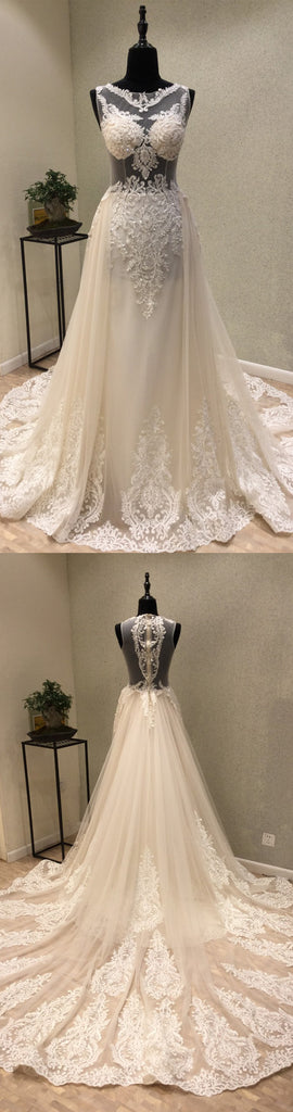 Sexy Seen Through Charming Applique Tulle Long Wedding Dresses, WG1227