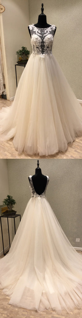 Popular Cheap Open Back Charming Applique Tulle Long Wedding Dresses, WG1226