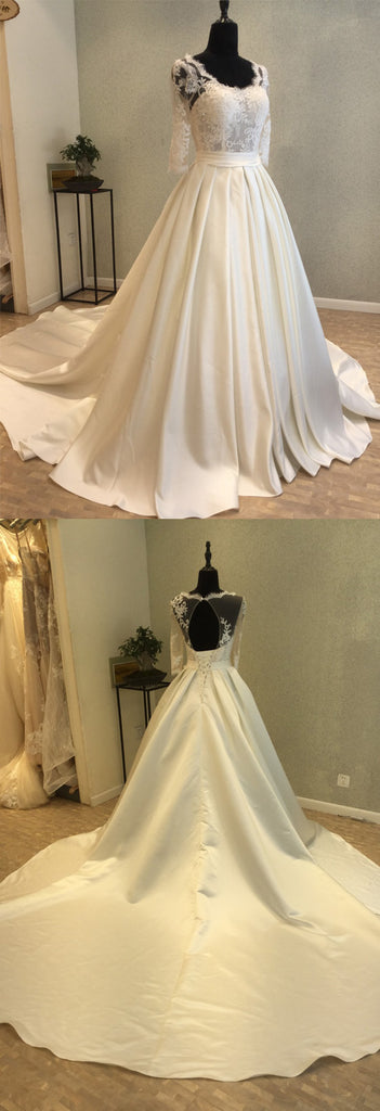 Half Sleeves Open Back Long Brides Wedding Dresses with Lace Up Back, WG1222