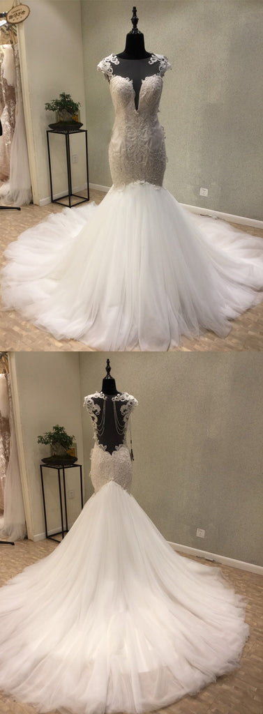 Cap Sleeves Mermaid Sexy Seen Through Long Wedding Dress for Brides, WG1206 - Wish Gown