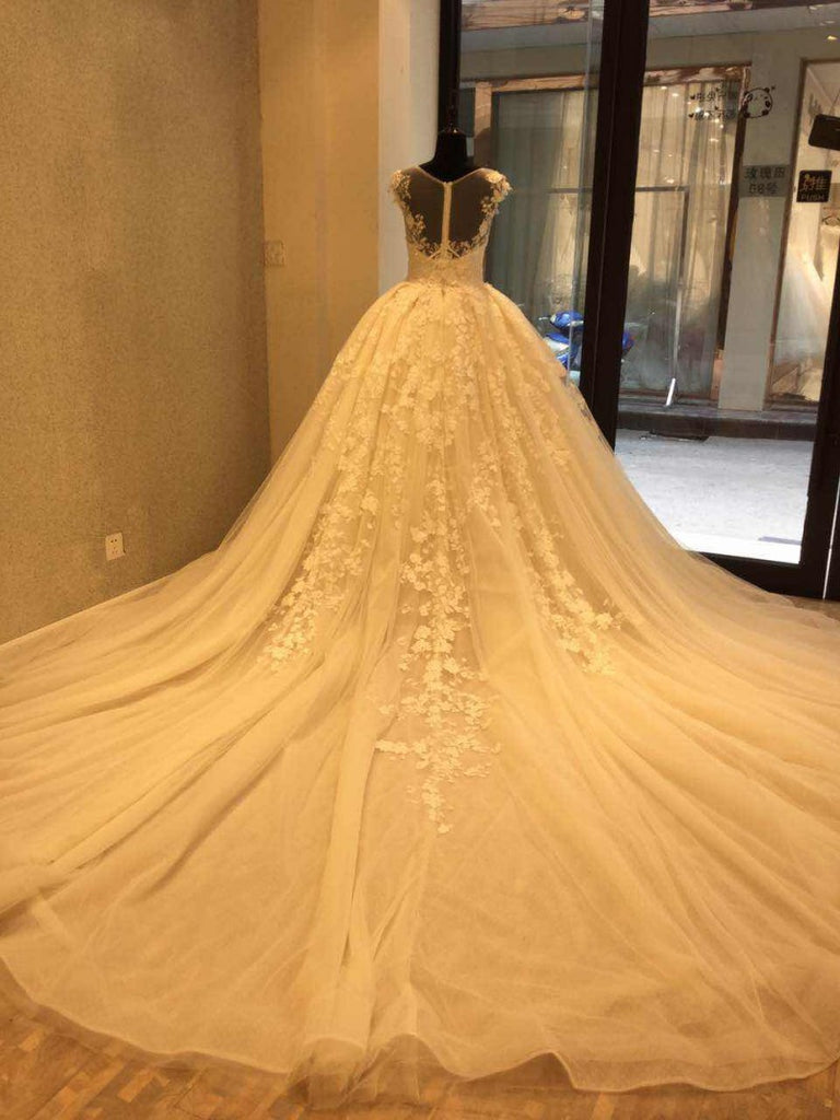 Cap Sleeve Charming Applique Tulle Long Wedding Dresses, WG1228 - Wish Gown