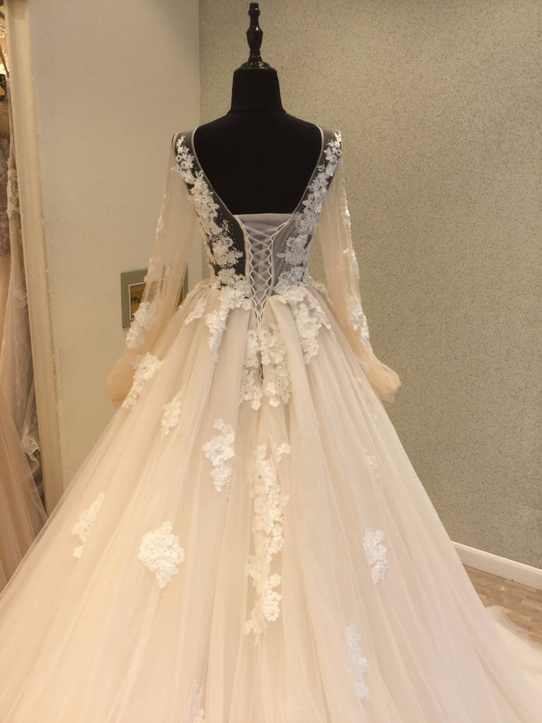 Long Sleeves Applique Tulle Lace Up Back Long Cheap Wedding Dress, WG687