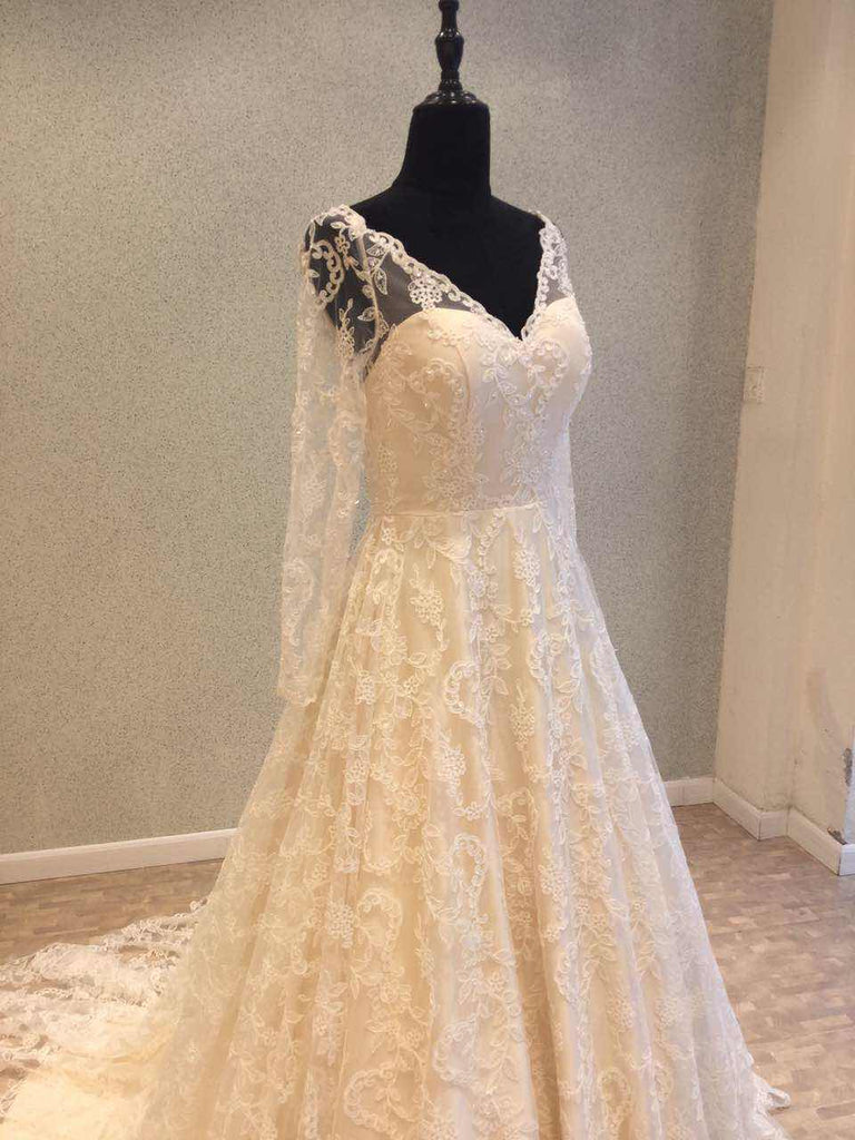 Long Sleeves V Neck Formal Lace Long Cheap Bridal Wedding Dress, WG690