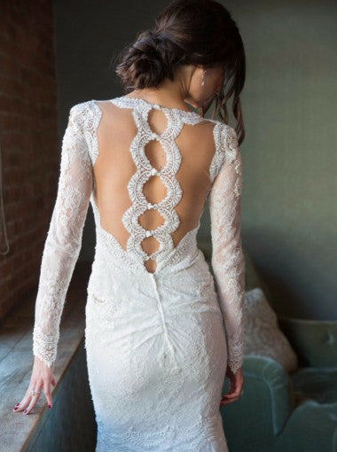 Long Sleeves V Neck Lace Charming Affordable Mermaid Long Wedding Dresses, WG674