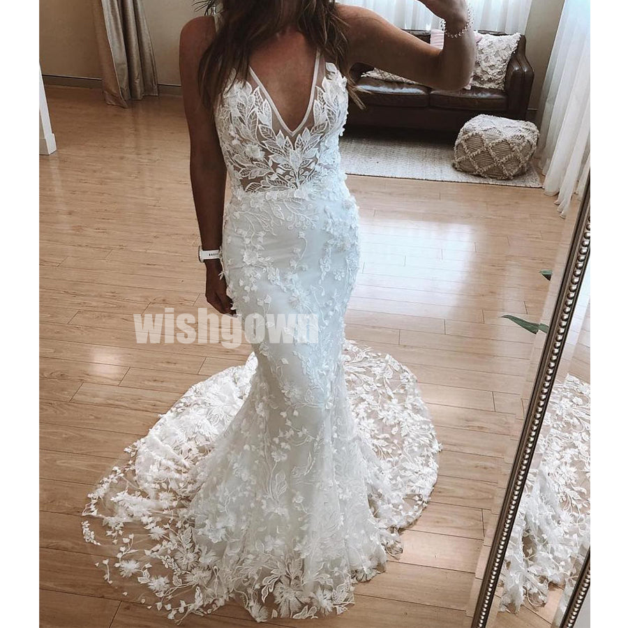 V-neck Mermaid Lace Applique Long Wedding Dresses YH1116