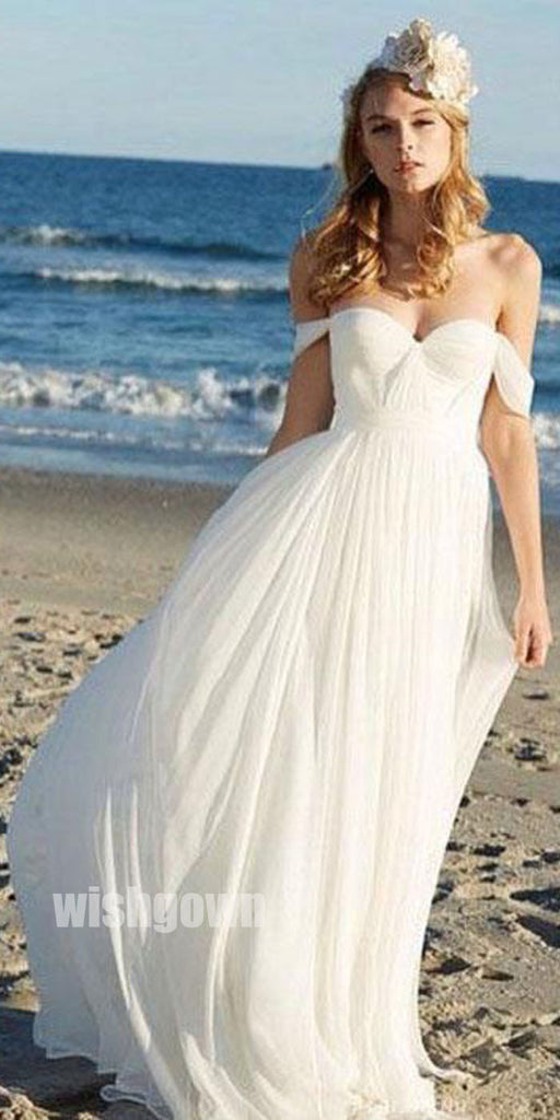 Off the Shoulder Sweetheart Chiffon Simple Long Beach Wedding Dresses, STZ312