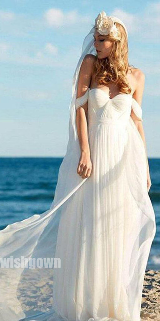 Off the Shoulder Sweetheart Chiffon Simple Long Beach Wedding Dresses, STZ312