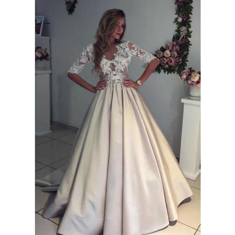 Half Sleeves Lace Top Satin Eleagnt Bridal Long Wedding Dresses, WG1244