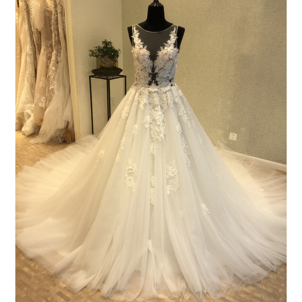 Beautiful Unique Sexy Tulle Applique Gorgeous Bridal Long Wedding Dress, WG1202 - Wish Gown